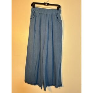 Umgee Pull On‎ Wide Leg Cropped Pants Sz Small Blue Linen/cotton Pockets Boho